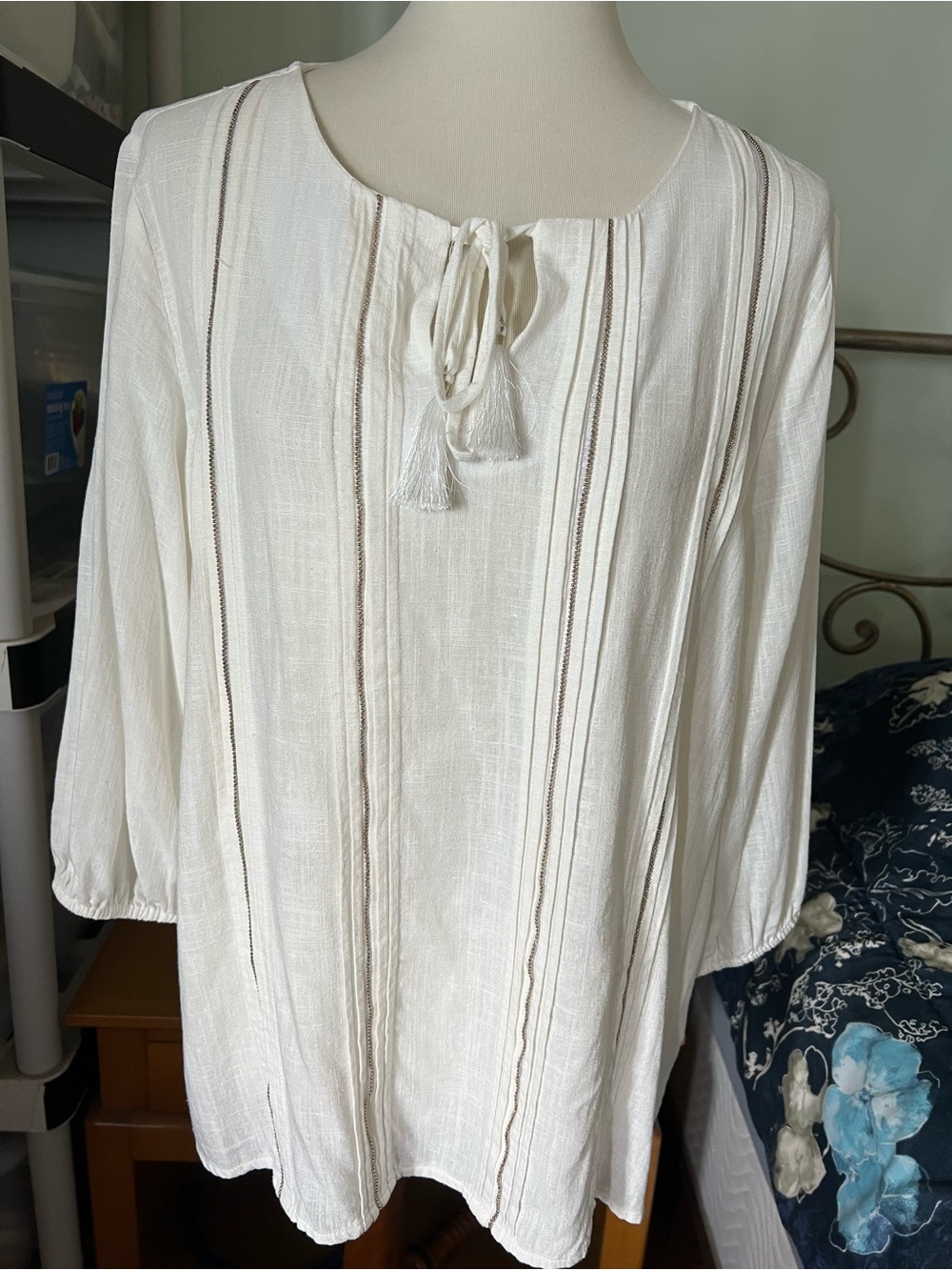 JM Collection Women's Large Linen Blend 3/4 Sleeve Cream Tassel Tie Peasant Top